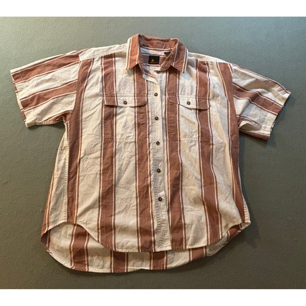 VTG Lizsport Striped Button Down Shirt Womens M Brown White Cotton Short Sleeve
